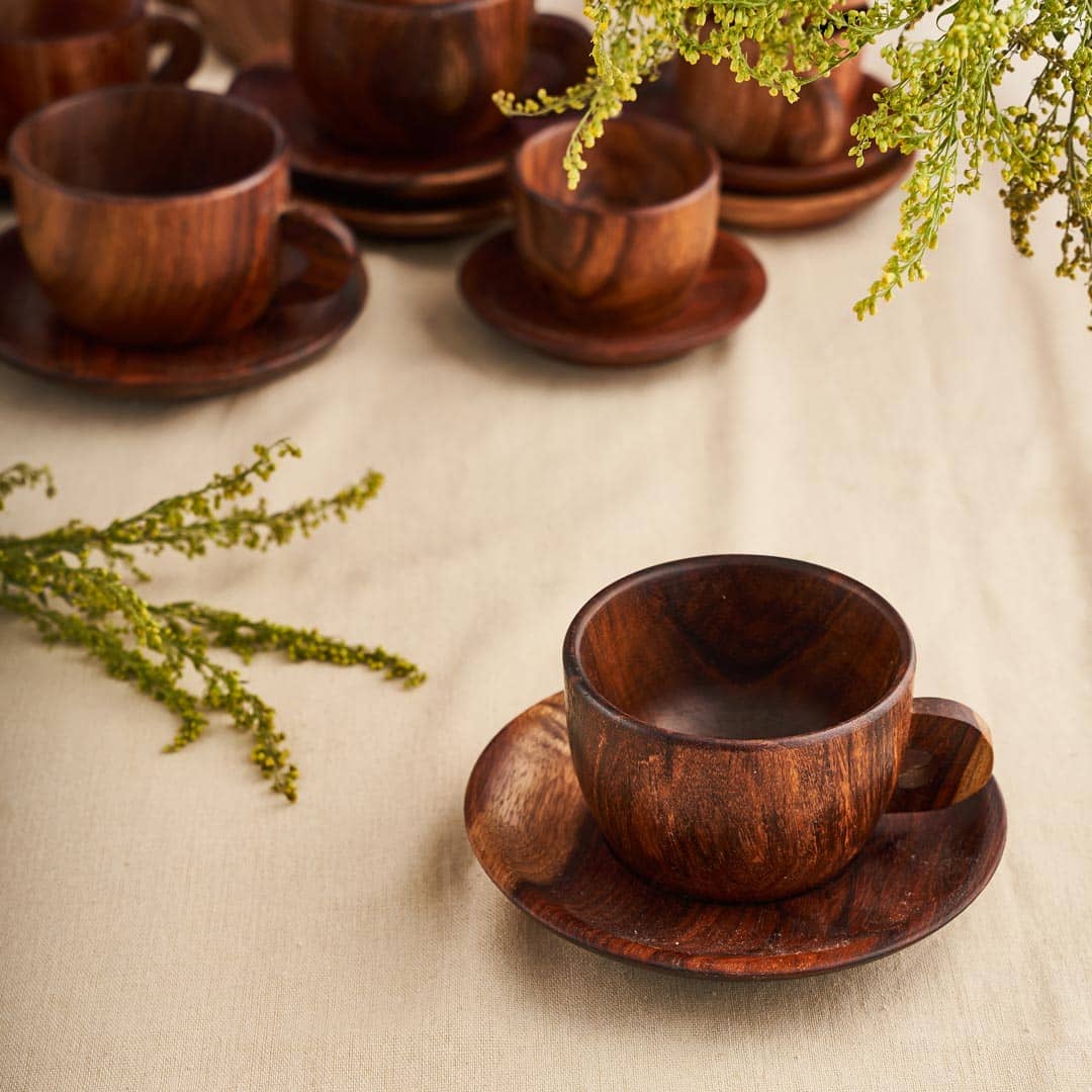 Wooden Cup With Handle and Saucer