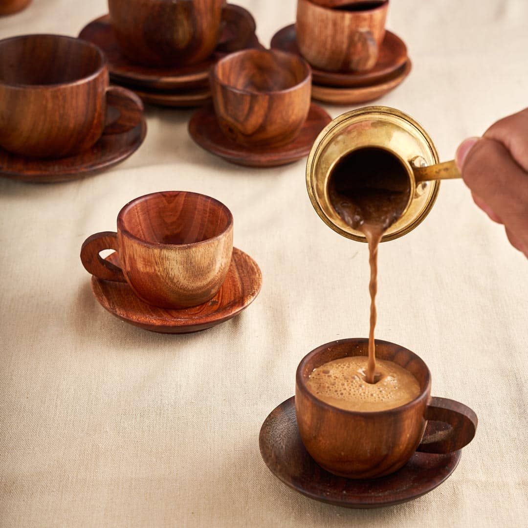 Wooden Cup With Handle and Saucer