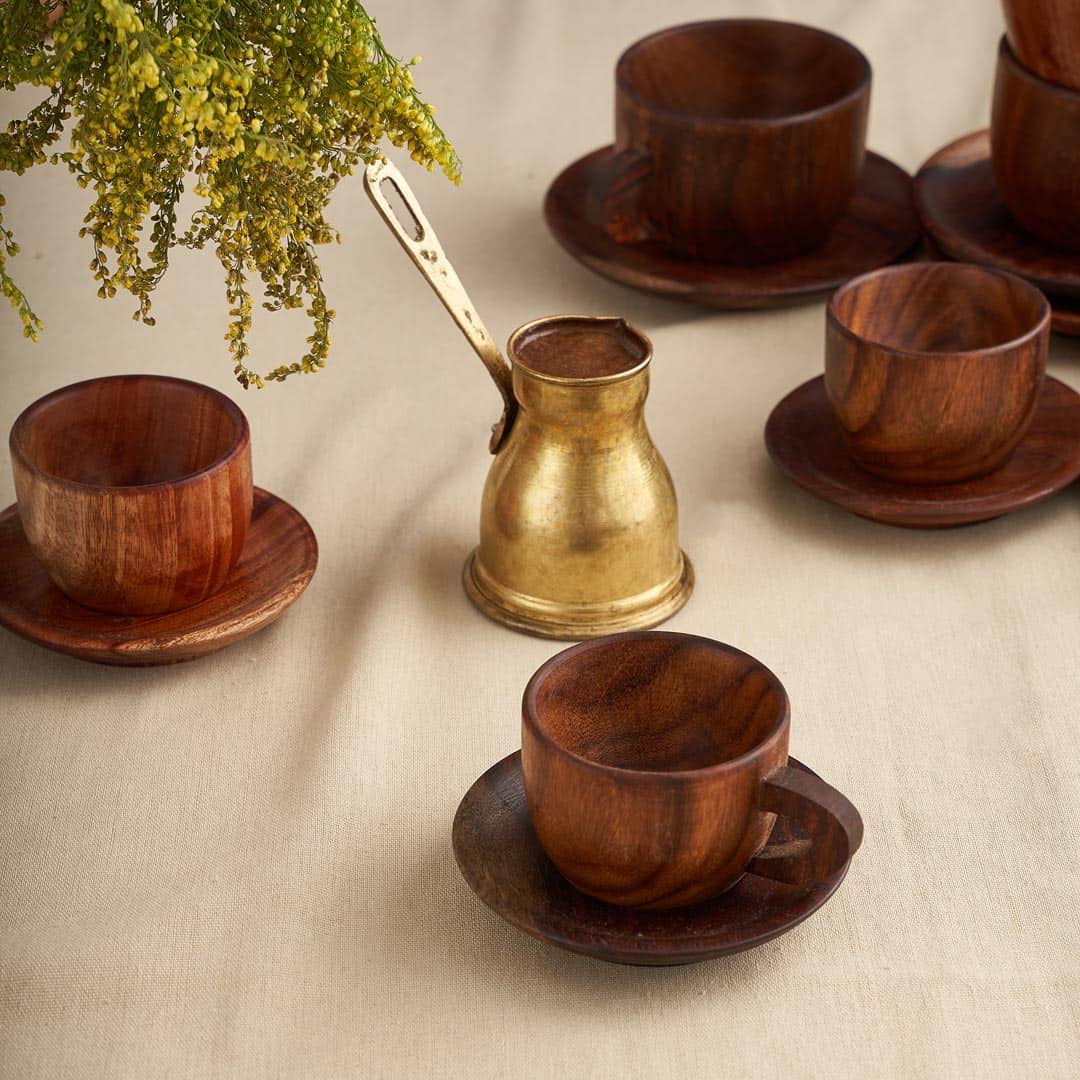 Wooden Cup With Handle and Saucer